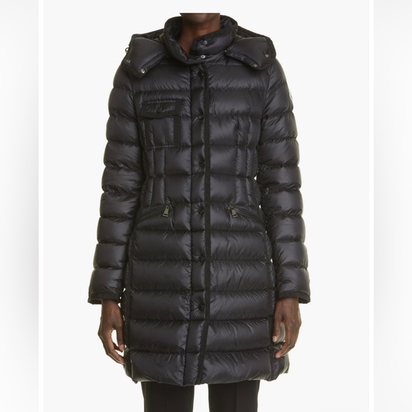 Moncler Hermine Grosgrain Trim Down Puffer Parka Long Coat Black Sz 1 XS (2/4)